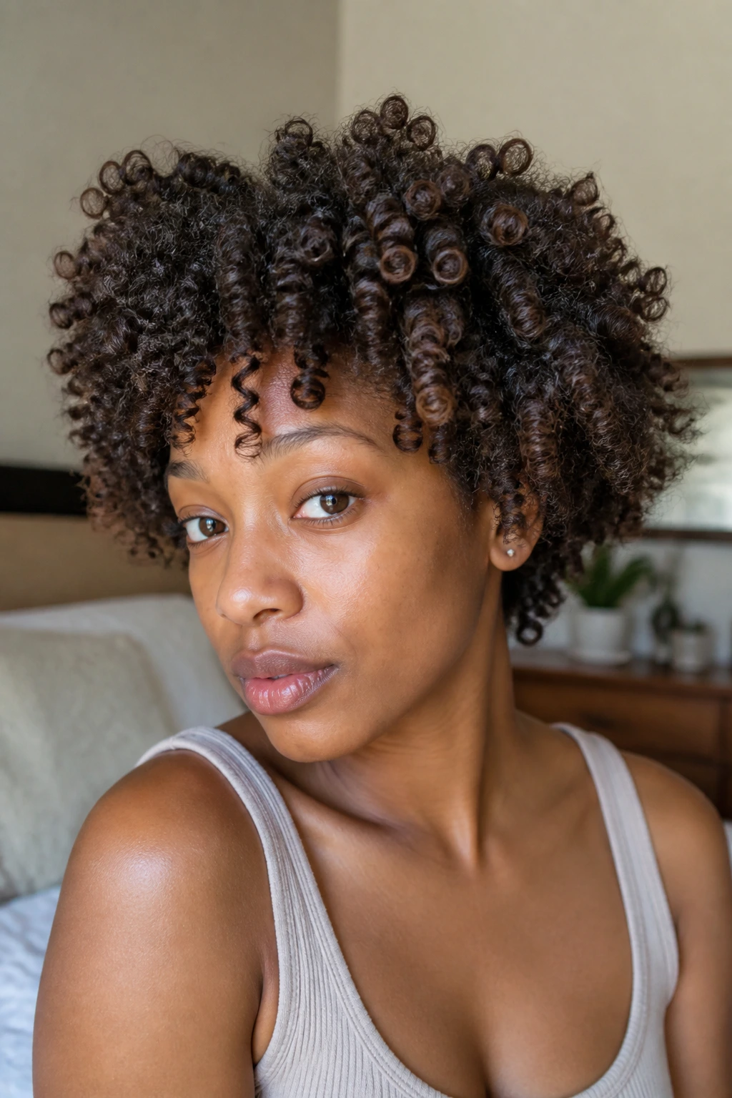 Close-up of a real person with bantu knot-out curls and defined volume