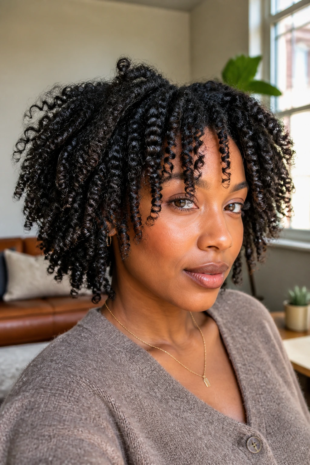 Close-up of a Black woman with Bantu knot-out curls and piecey ends around the face.