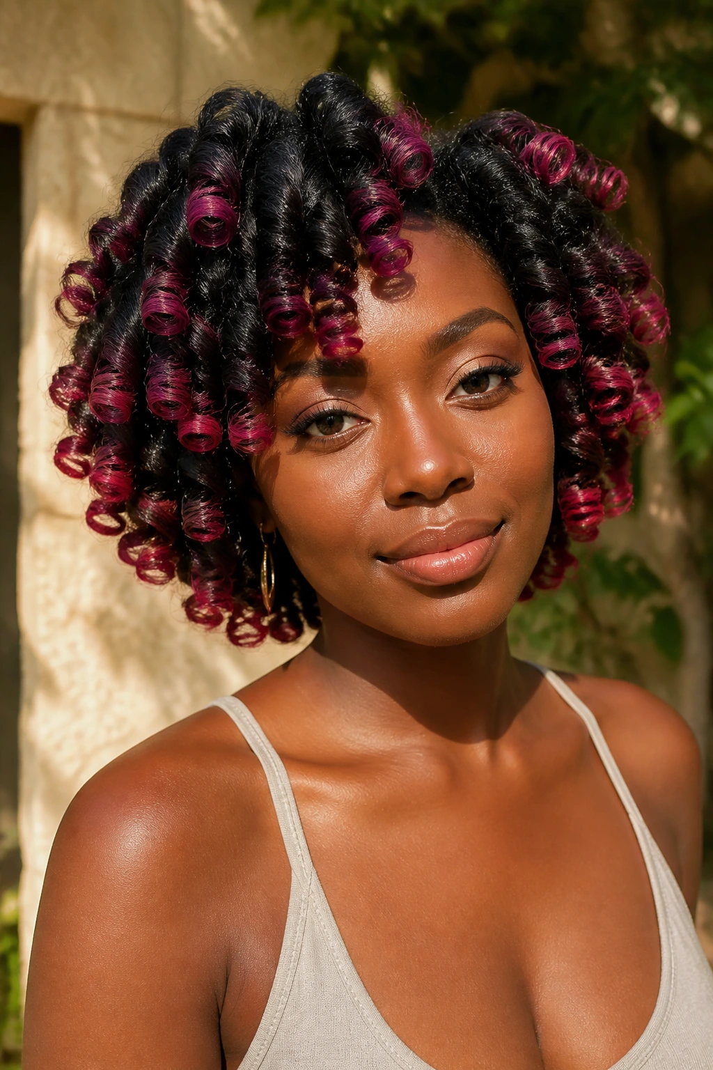 Bantu knot-out hairstyle with magenta tips on deep skin.