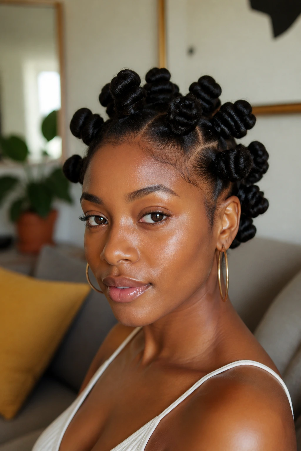 Close-up of a real Black woman with Bantu knot-out on medium-length hair.