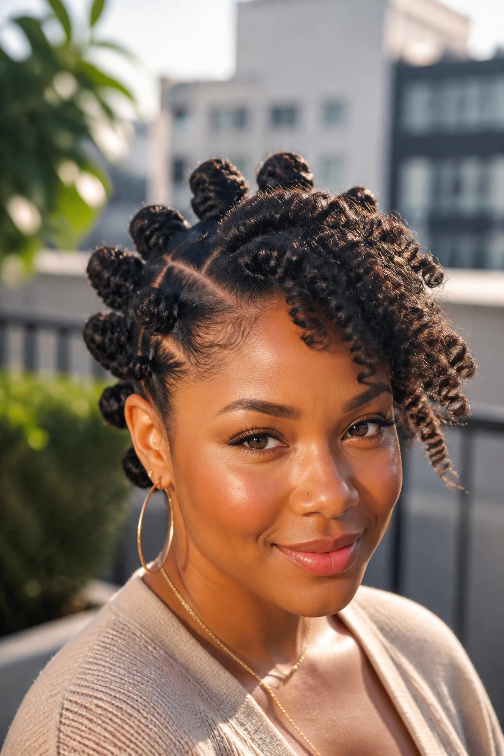 Close up of a real person with bantu knot-out and an off-center sweep