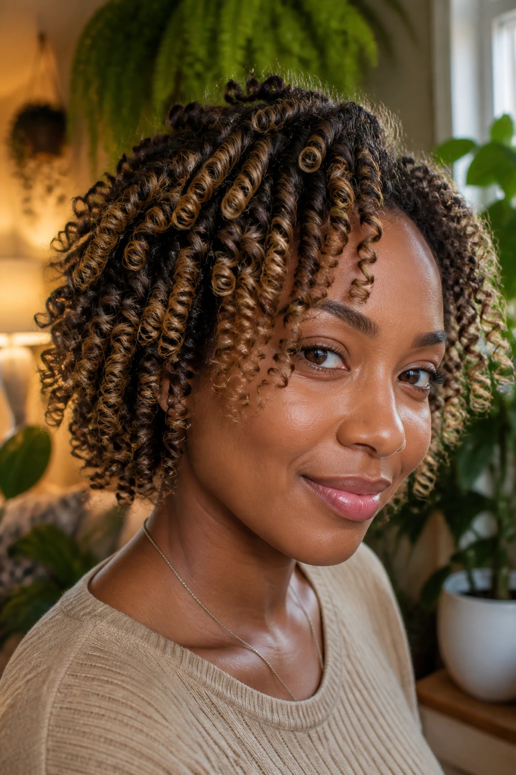 Close-up of a woman with a knot-out hairstyle showing sandy dimension in curls
