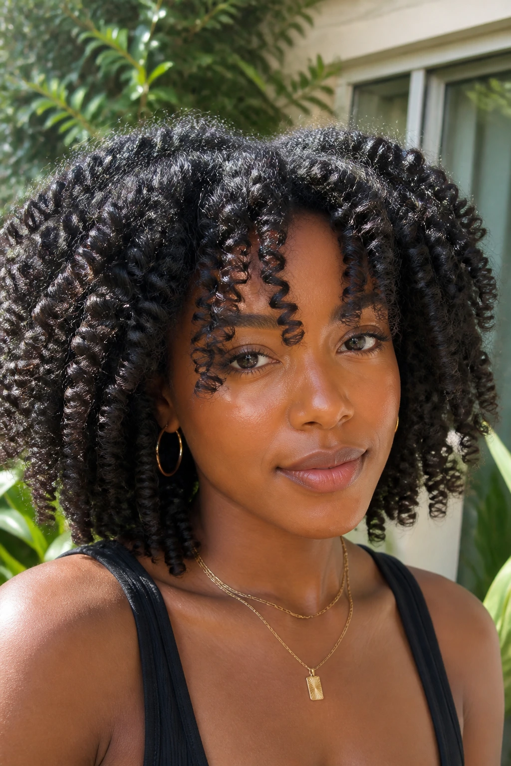 Real woman with Bantu knot-out and split fringe in natural outdoor light