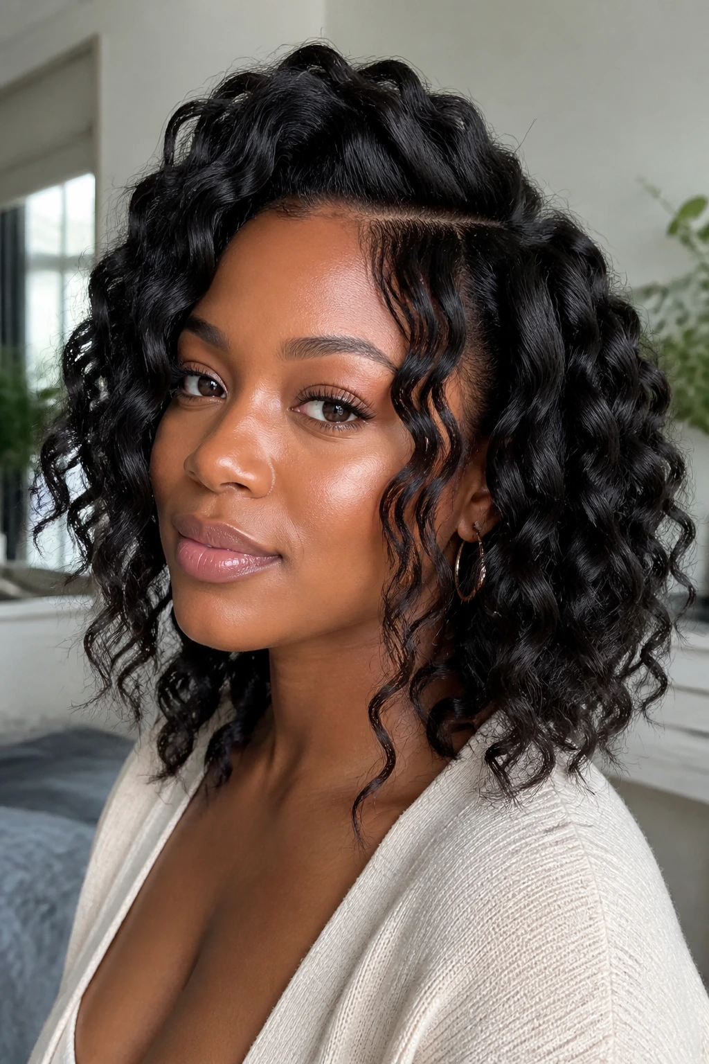 Close-up of a real person with a Bantu knot-out and piecey waves around the face