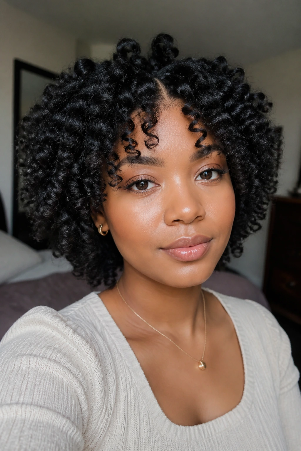 Close-up portrait of a real woman with bantu knot-out showing knot texture and soft separation.