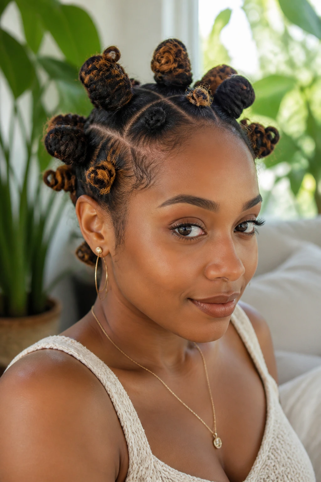 Real woman with bantu knots and caramel coil ends, bright setting.