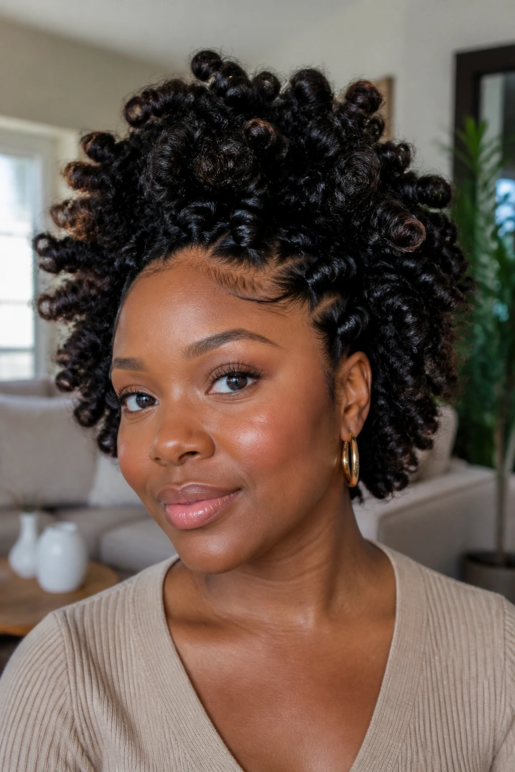 Close-up of a woman with knot-out curls and crown volume