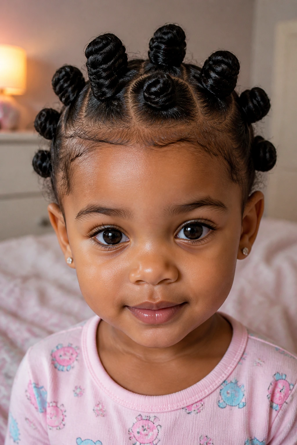 Toddler girl with medium bantu knots and curly finish hairstyle