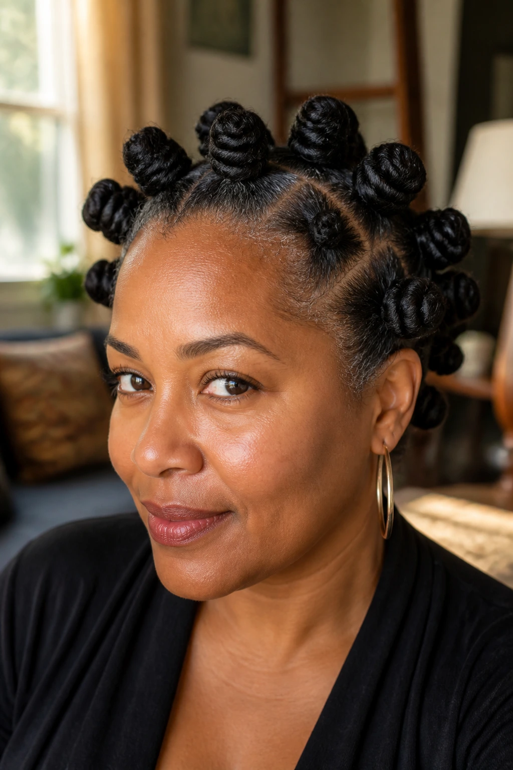 Close-up of a real woman with bantu knots across the crown