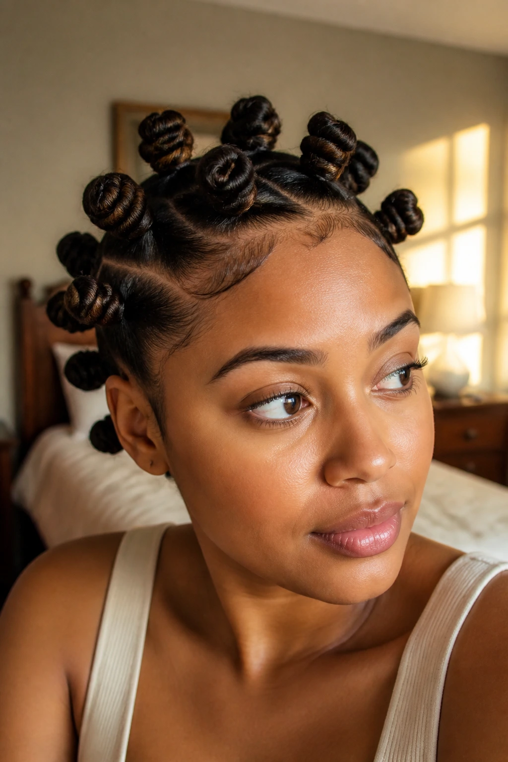 Close-up portrait of a real woman with a Bantu Knot Set featuring small knots and subtle lowlights