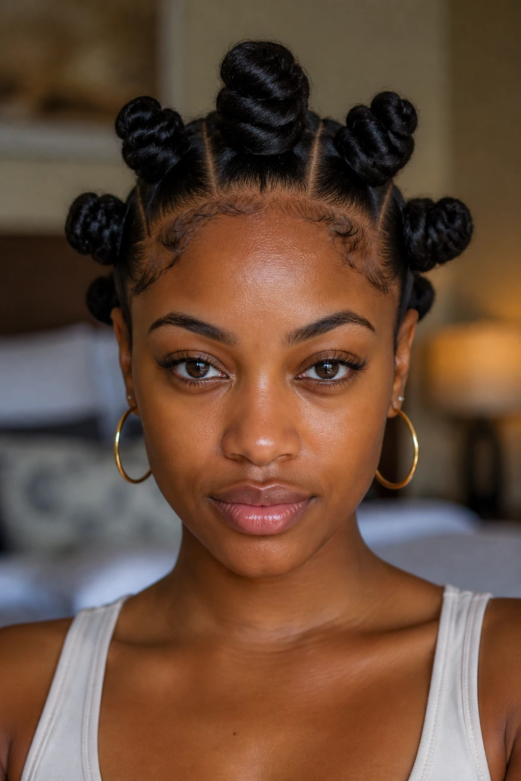Real woman with Bantu knots set on thick hair