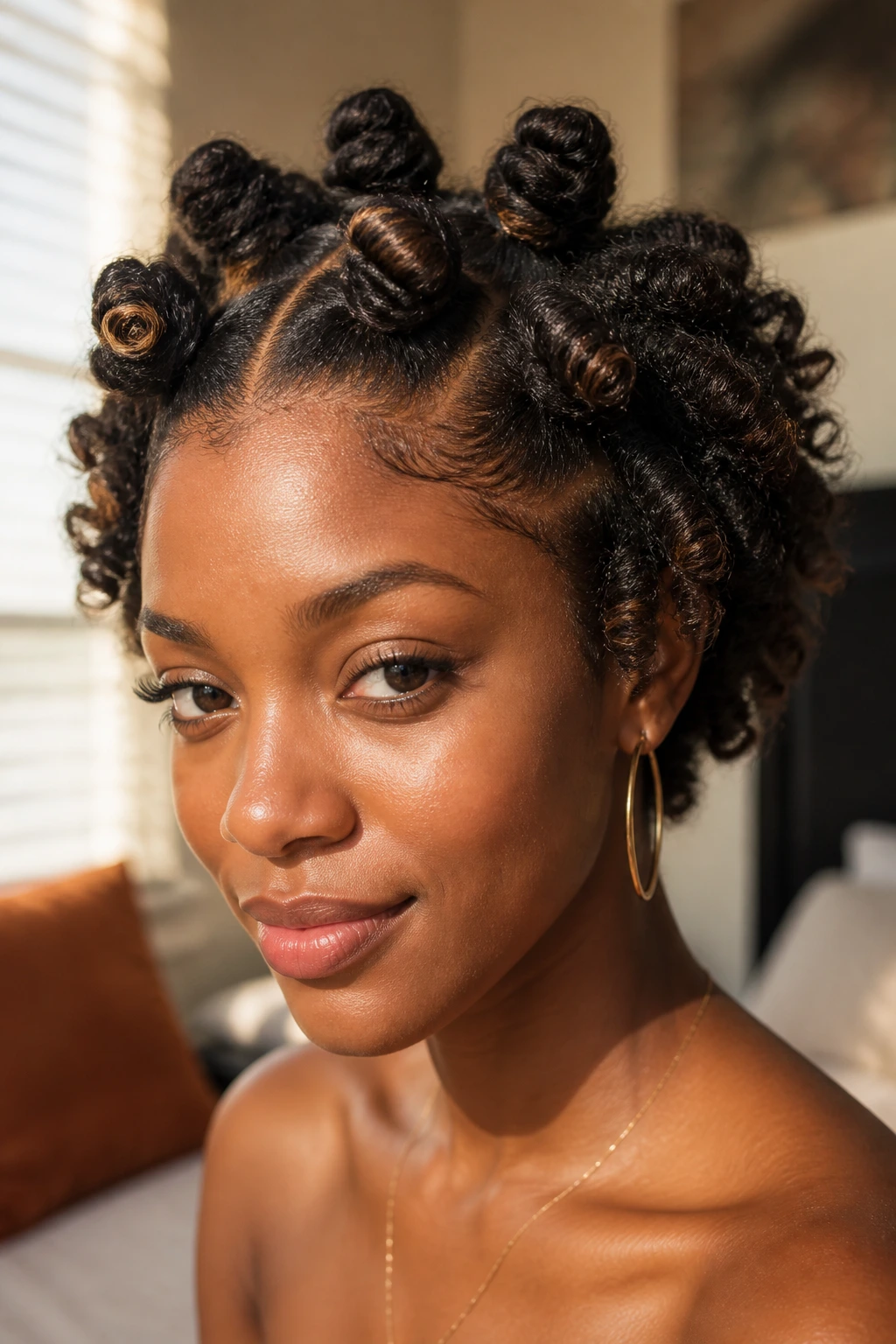 Close-up of real person with bantu knot-out featuring small knots and soft curled ends.