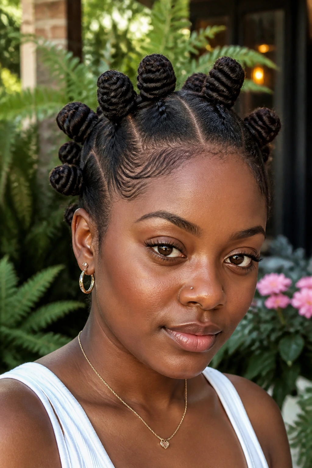 Close-up portrait of a real Black woman with bantu knots on short hair