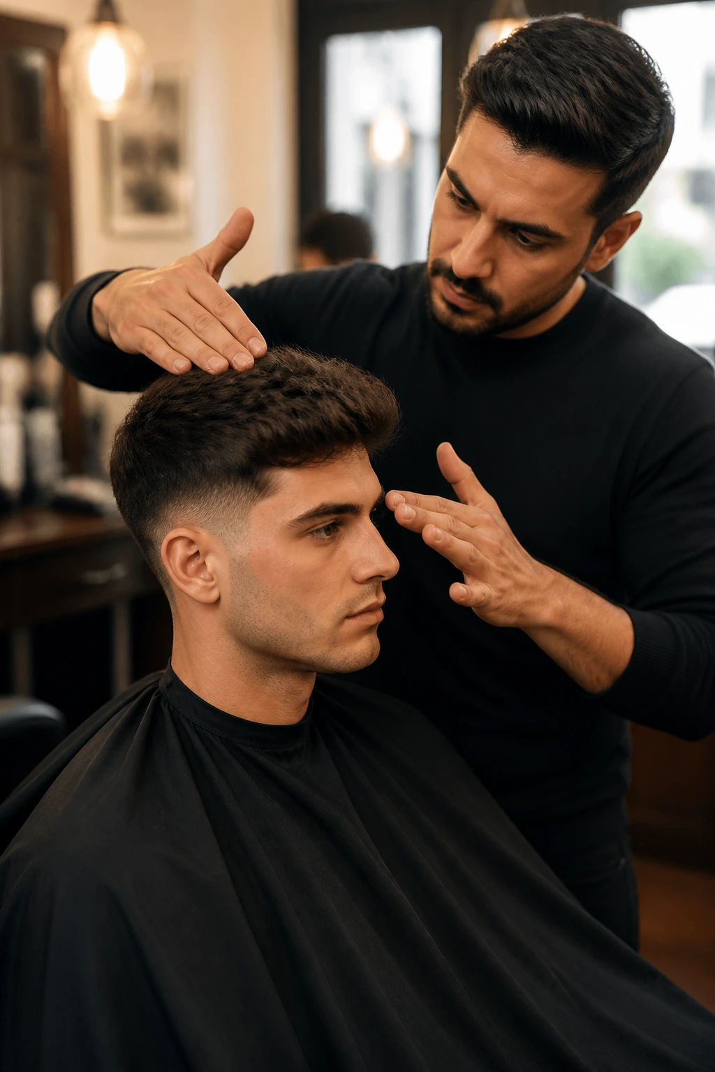 Client in barber chair discussing haircut shape with barber.