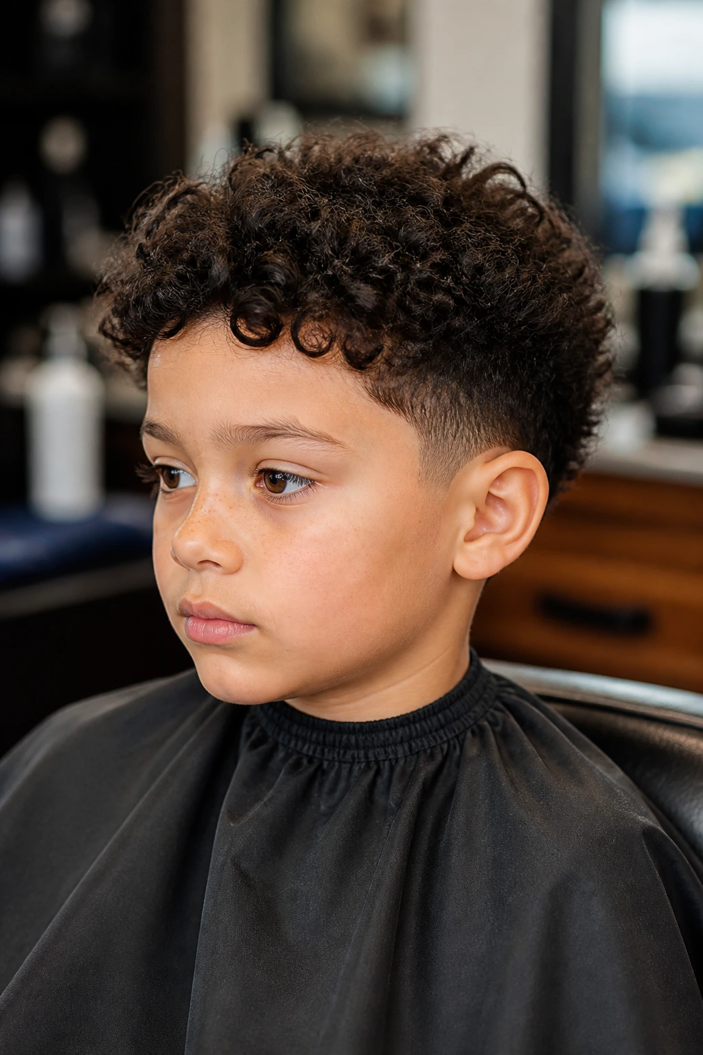 Child in barber chair with cape, showing hair length and taper at the sides