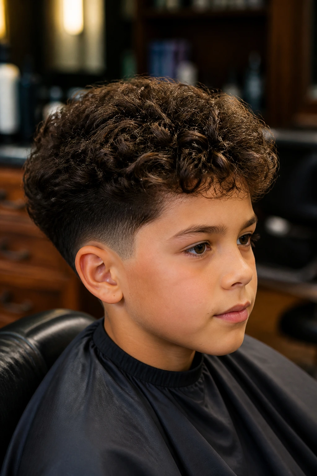 Portrait of a real boy in a barber chair with shaped curls