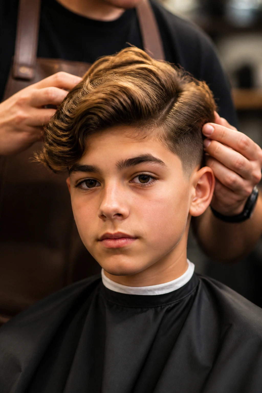 Close-up of a real boy in a barber chair
