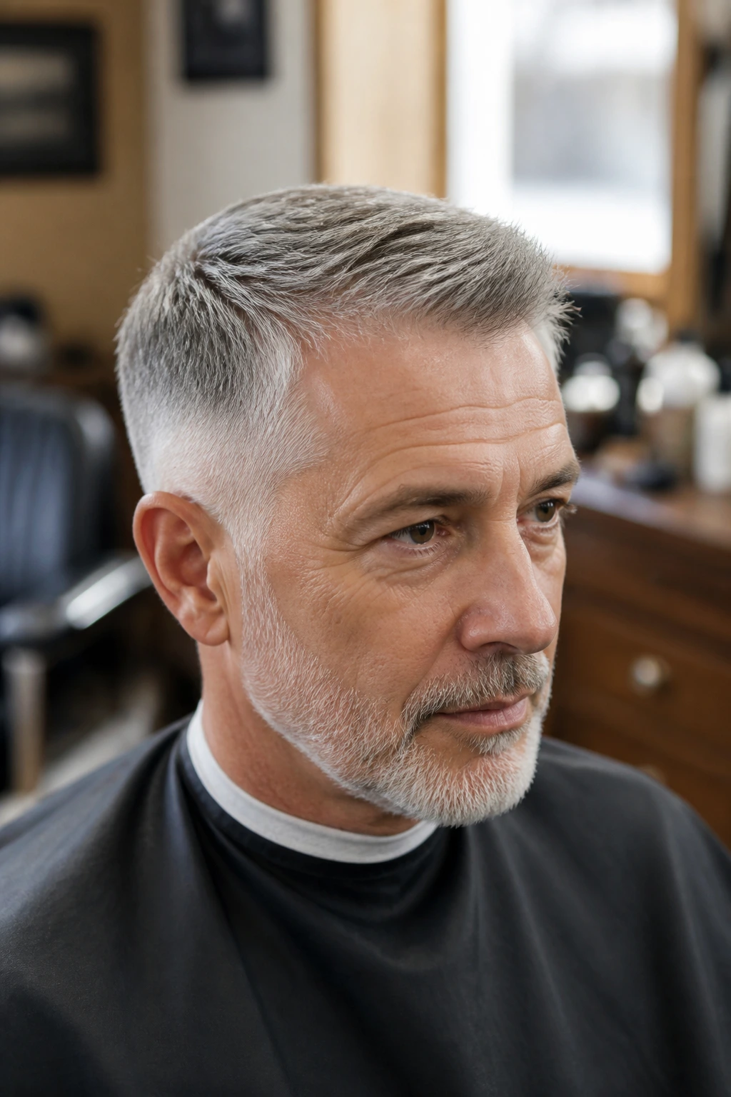Real man in barber chair showing taper haircut during consultation