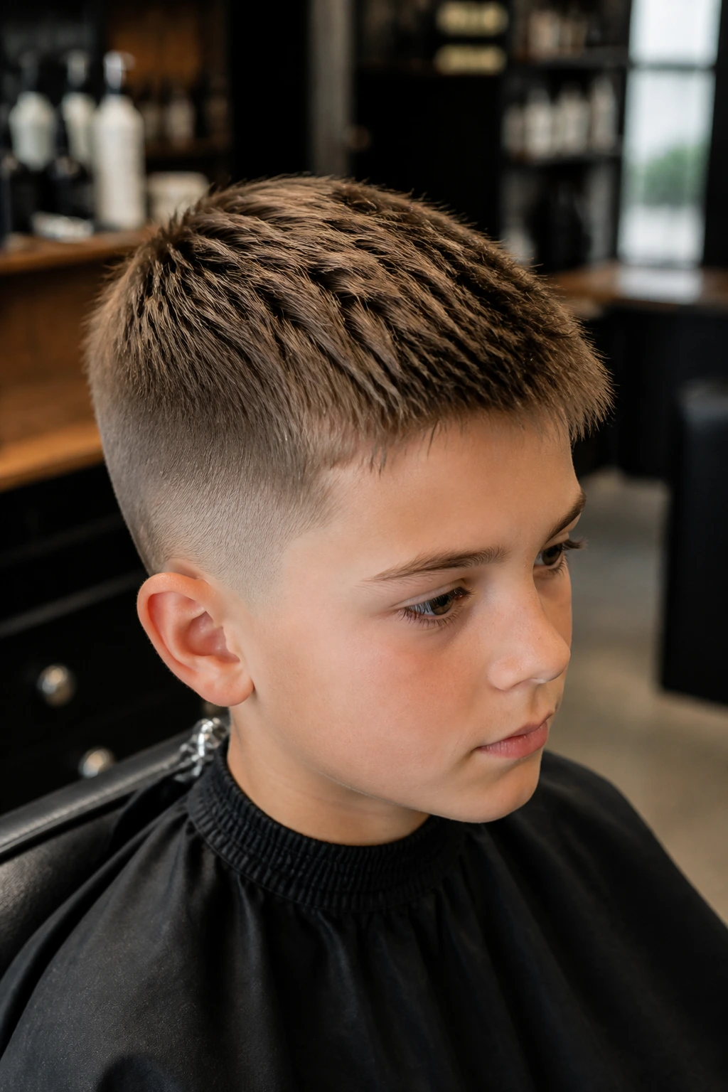 Real boy in barber chair showing top length and tapered sides.