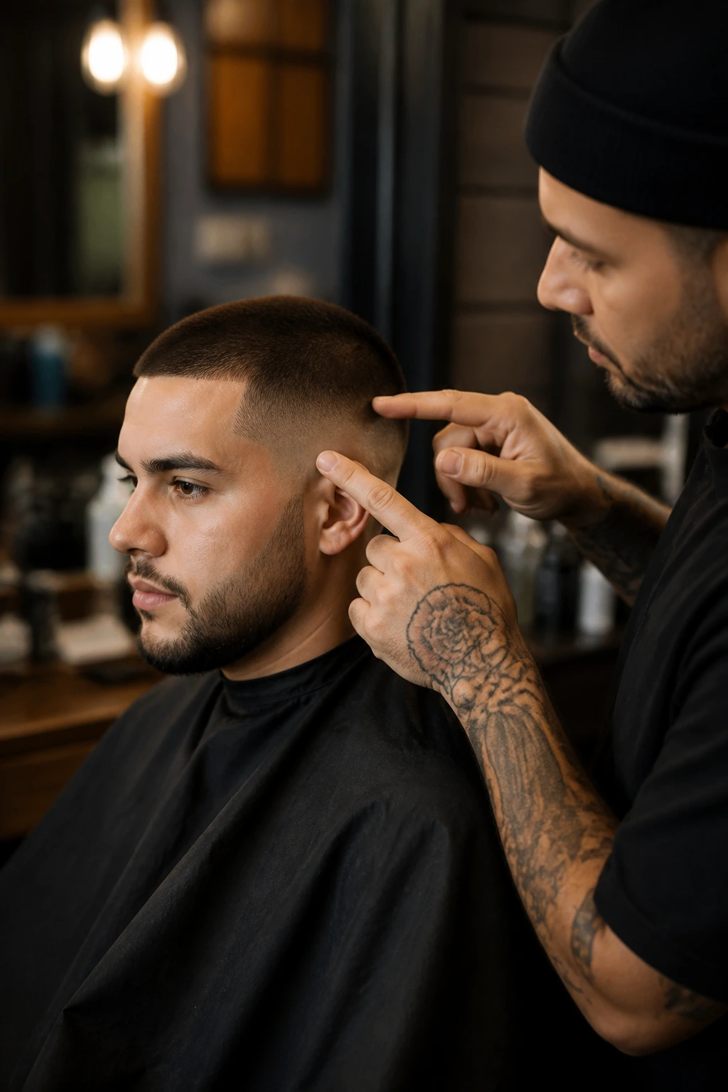 Man discussing haircut with barber in barber chair
