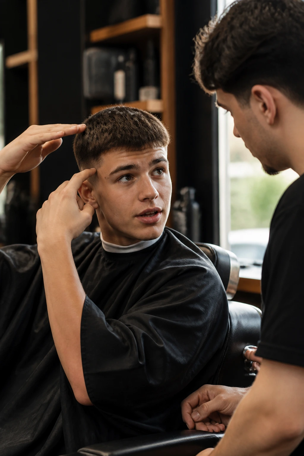 Teen communicates haircut ideas to barber in a chair