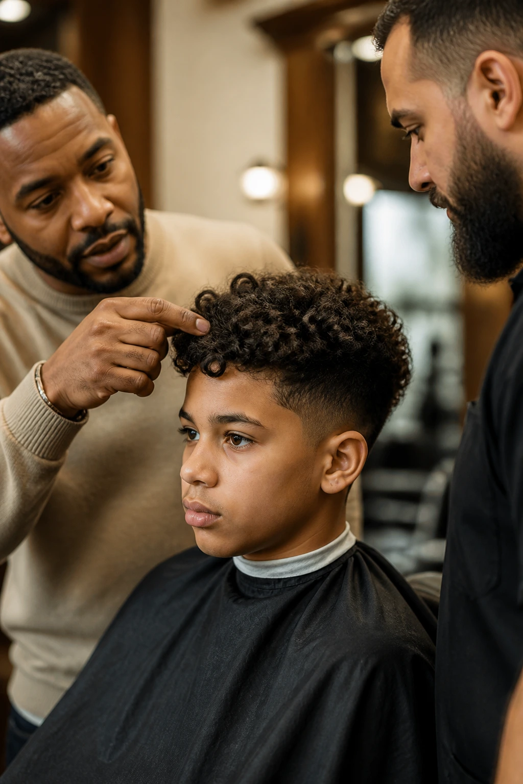 Parent guiding barber while child sits in chair, no text visible.