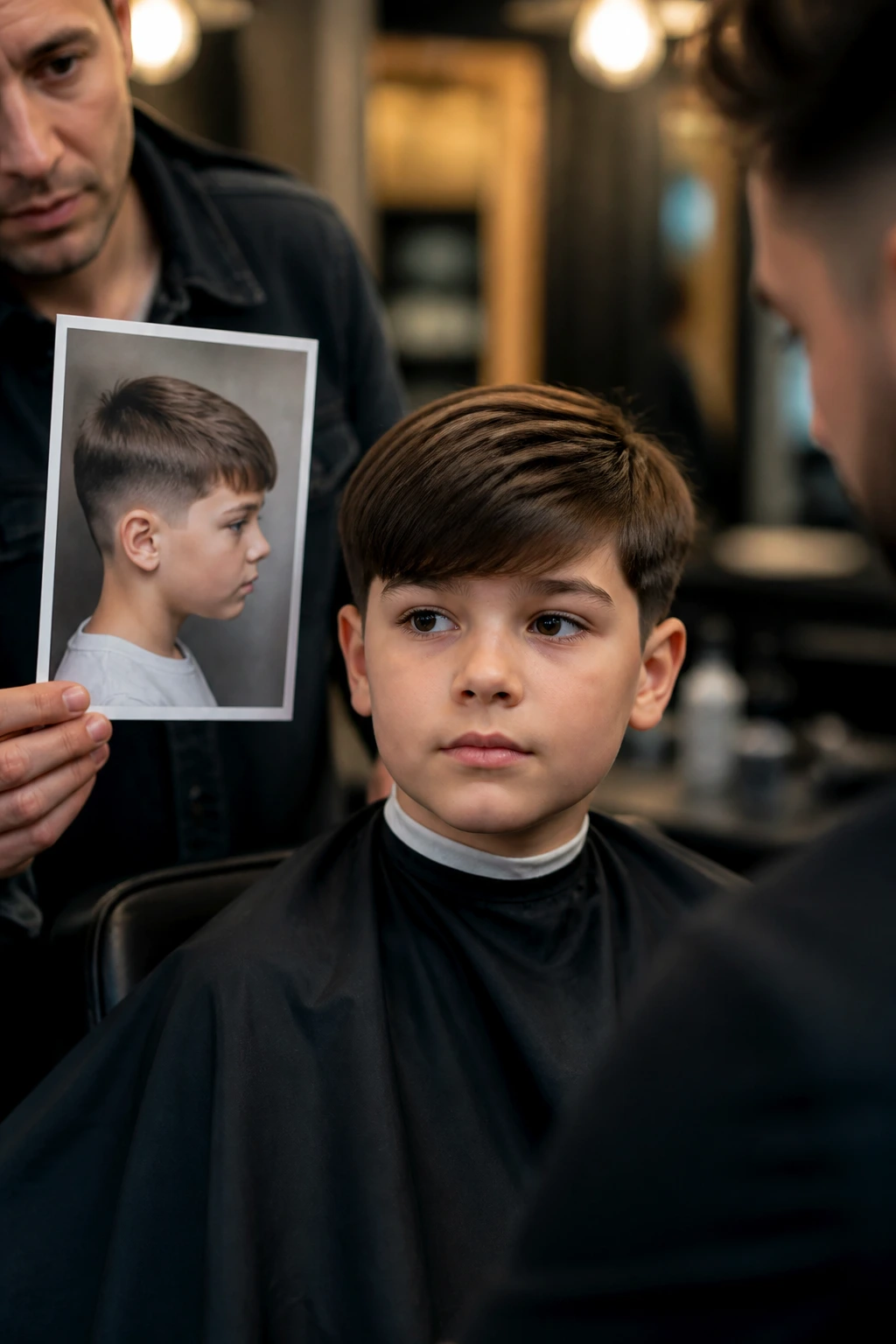 Real boy in a barber chair with a photo of the desired haircut held by a guardian