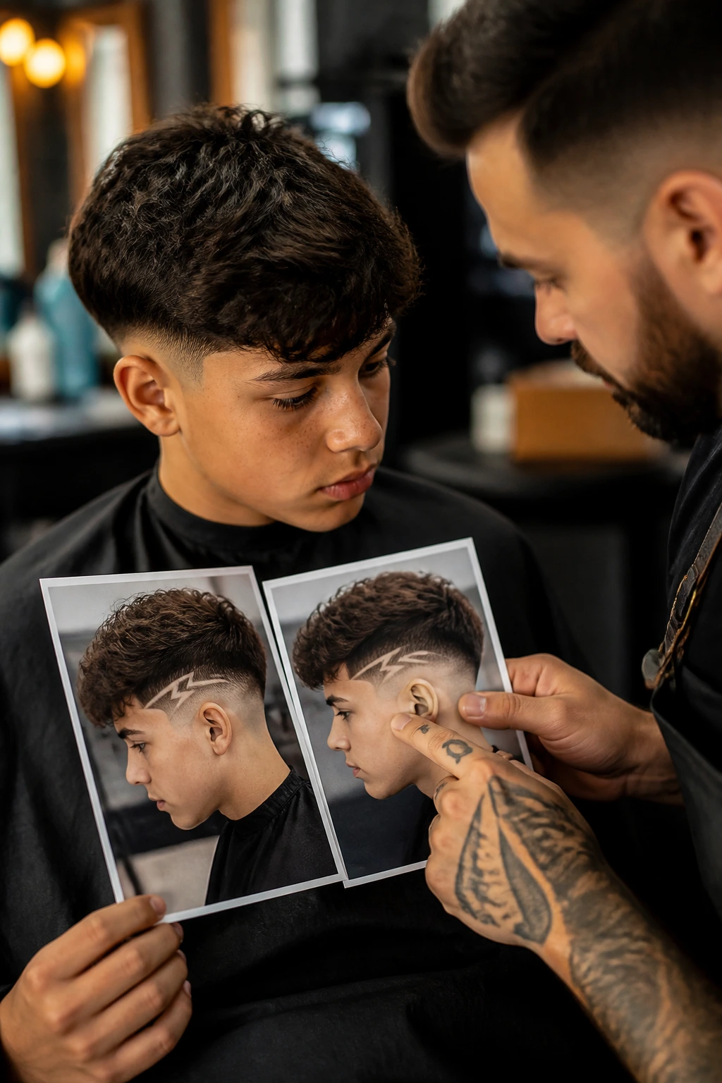 Boy in barber chair consulting with barber, holding two bolt reference photos.