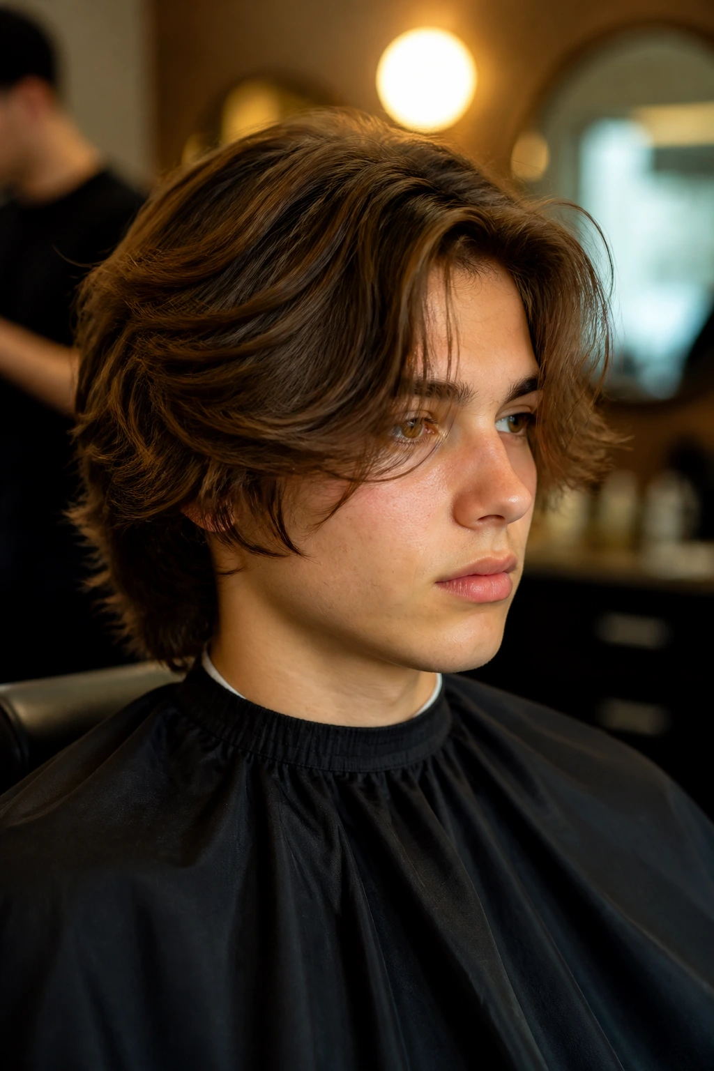 Portrait of a real boy in a barber chair with a pageboy haircut