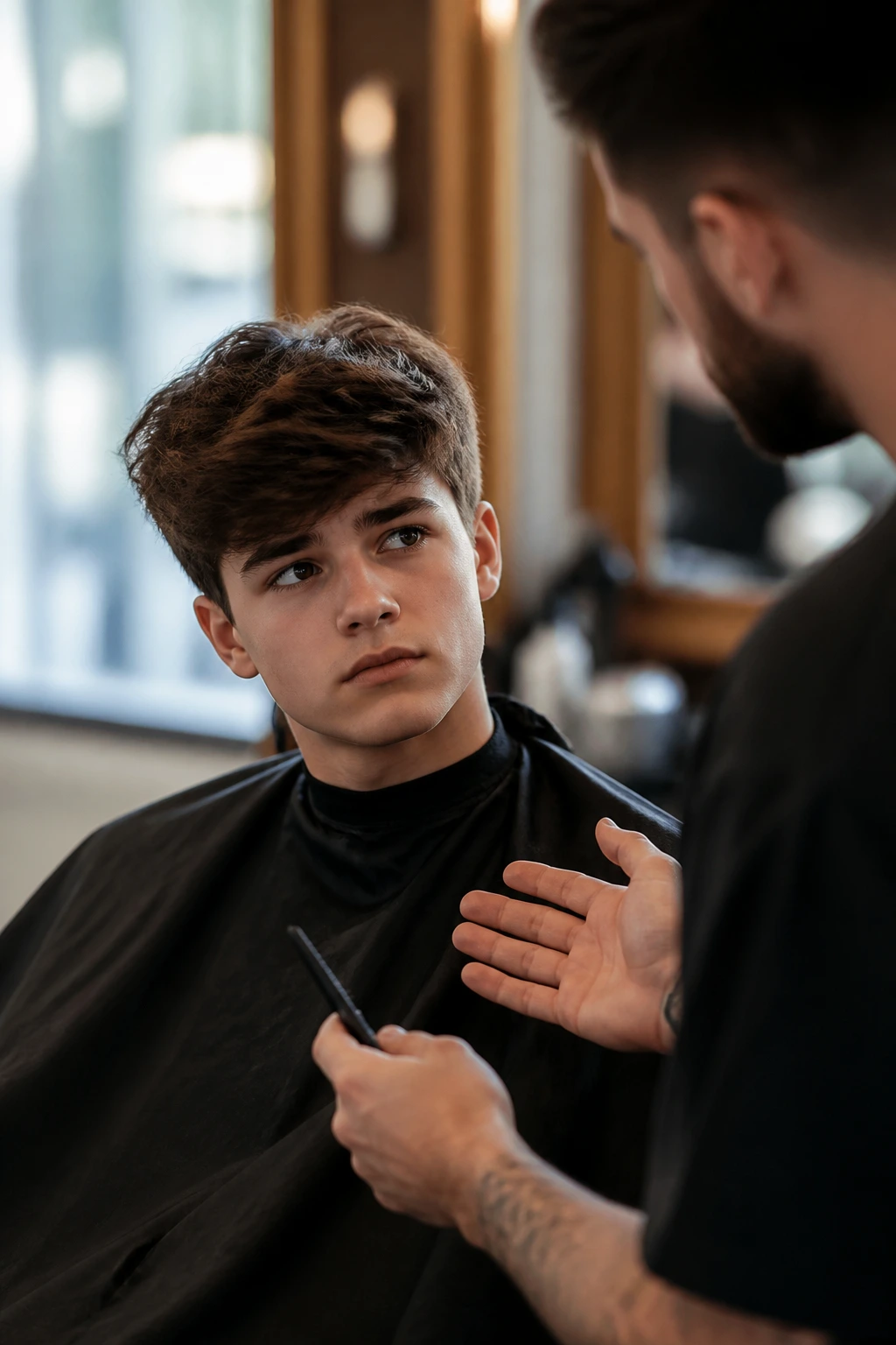 Barber consultation scene with a boy about thick hair in a warm barbershop