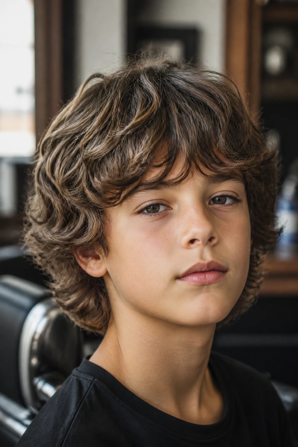 Portrait of a boy in a barber-like setting showing a defined top and longer sides