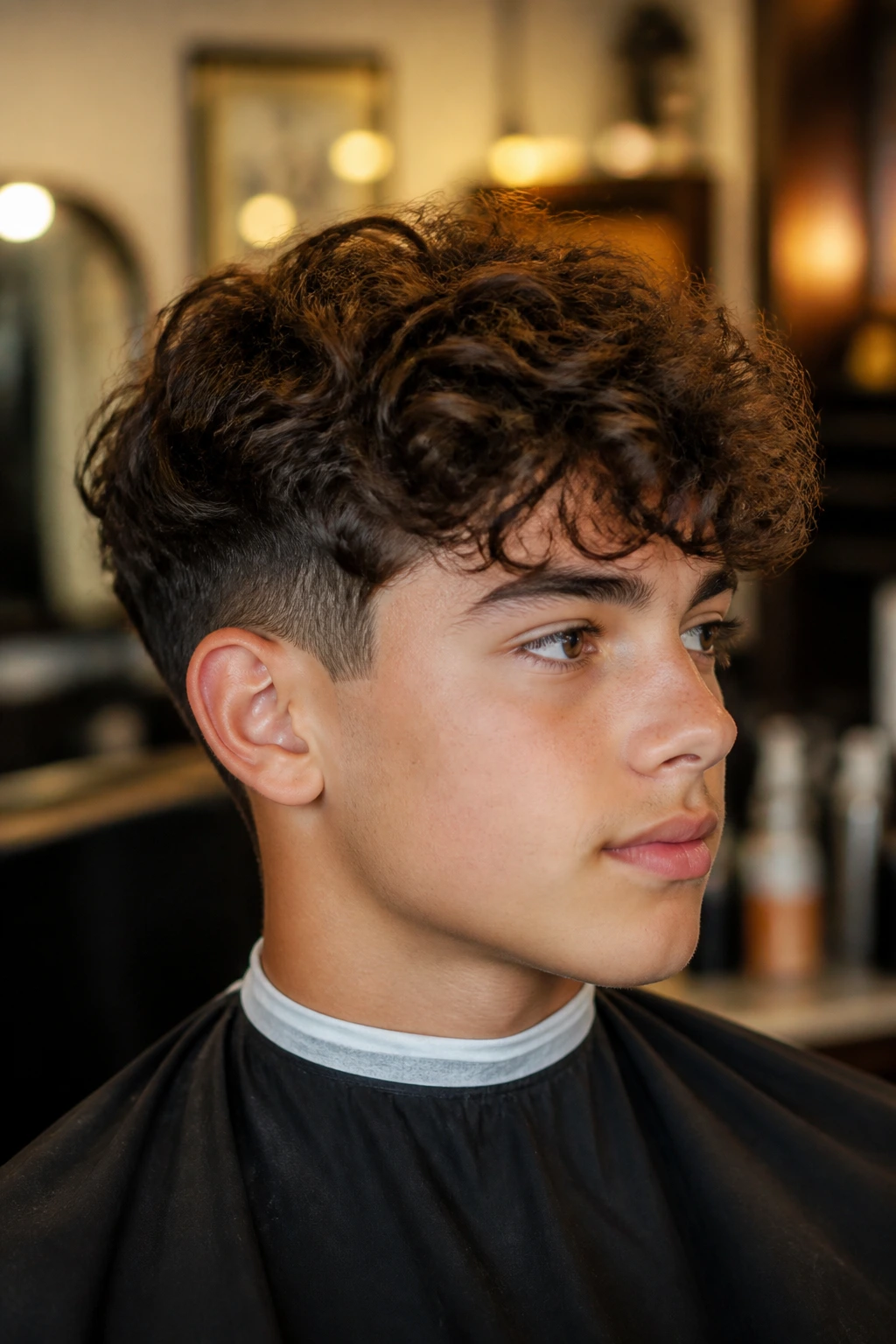 Boy in barber chair with clearly defined top length for explain-cut concept.