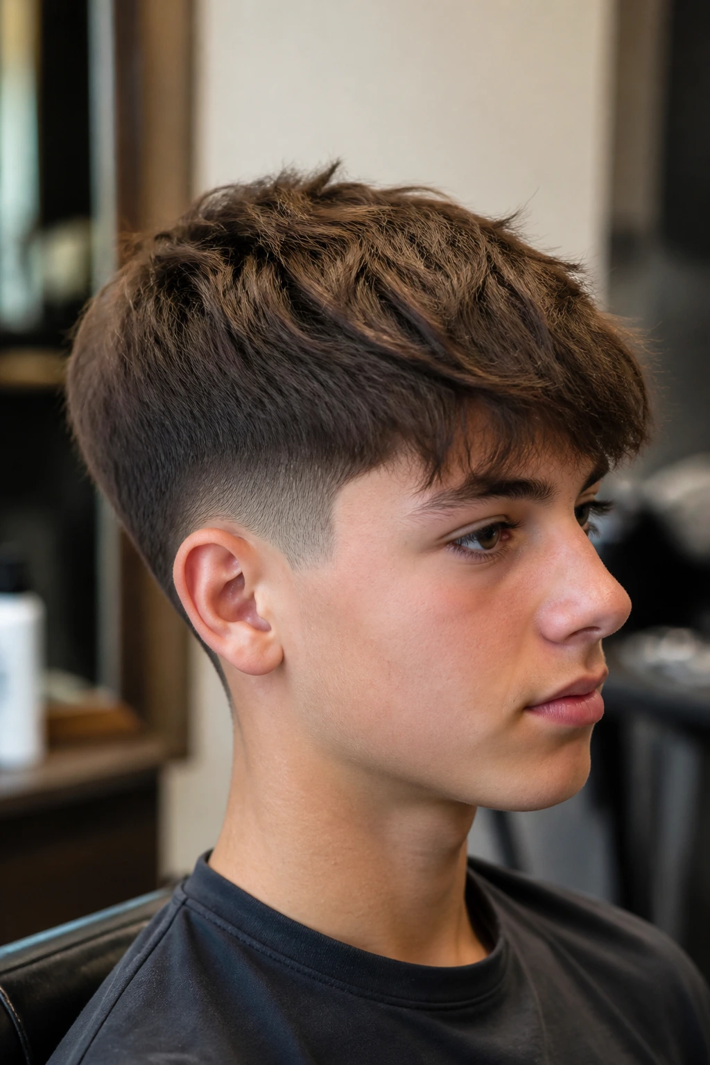 Teen portrait illustrating top length and side taper guidance for barber