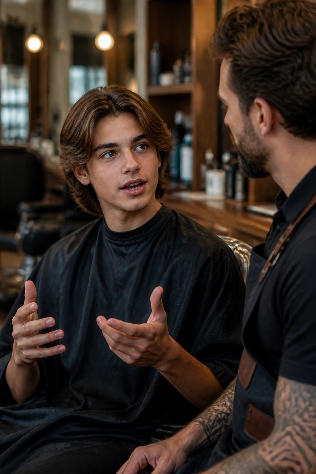 Medium close-up of a boy in a barber chair talking to barber about keeping length