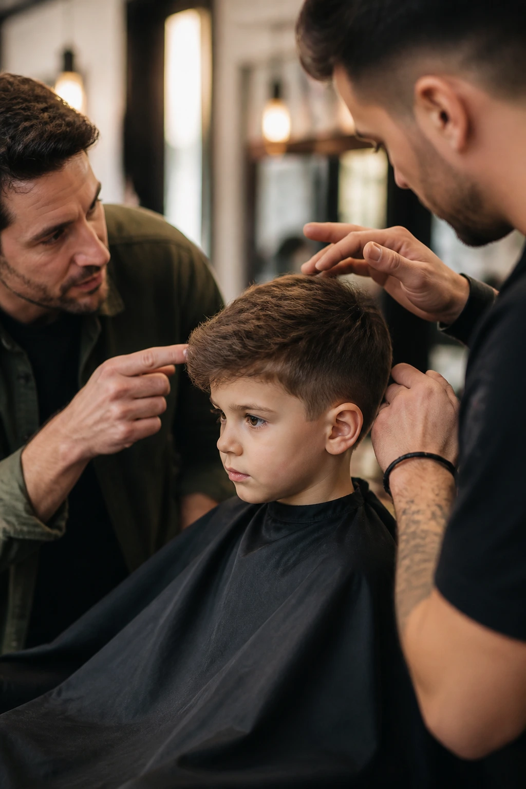 Parent and barber discussing a haircut with a child in the chair