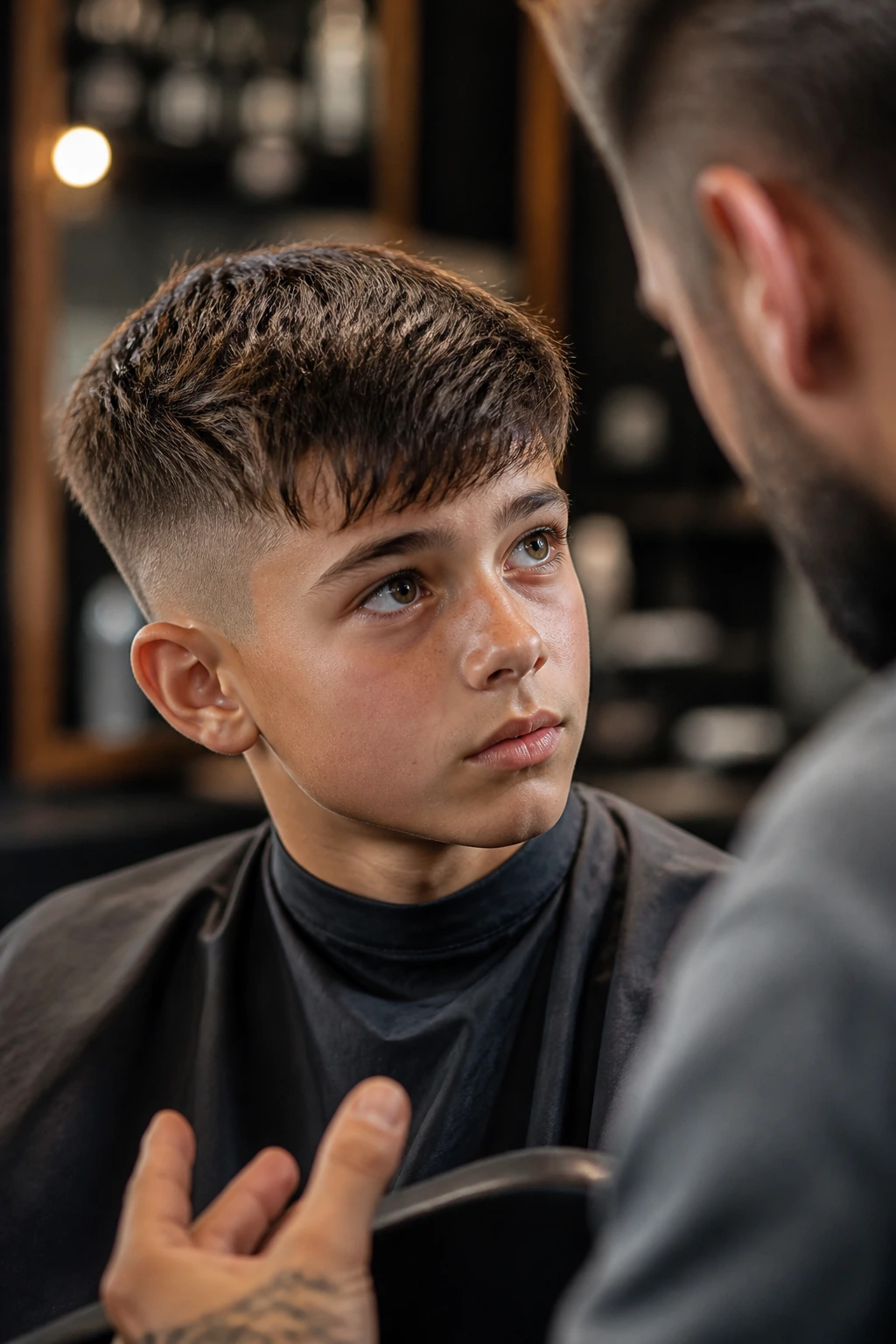 Portrait of boy with undercut in barber chair listening to barber