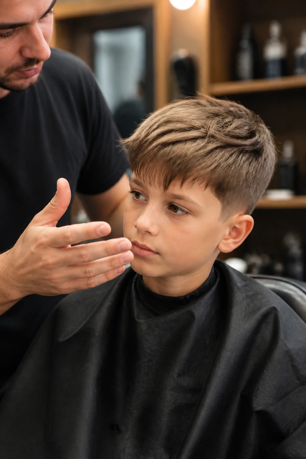 Boy in barber chair getting guidance on texture and fringe
