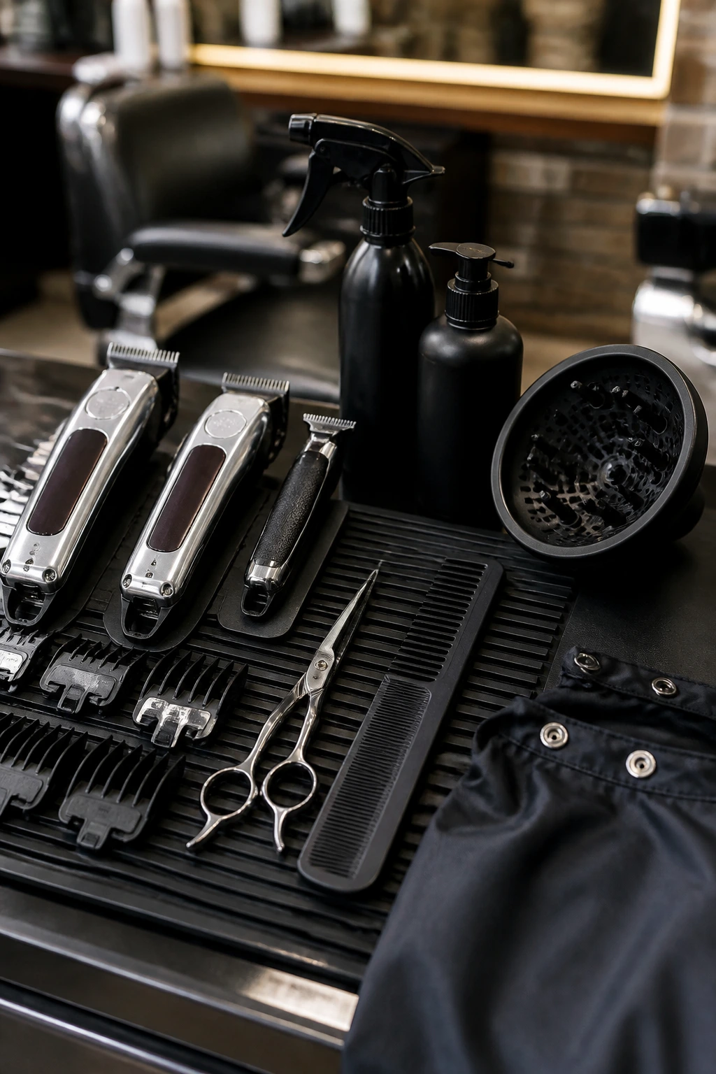 Barber toolkit neatly arranged on station with clippers and brushes