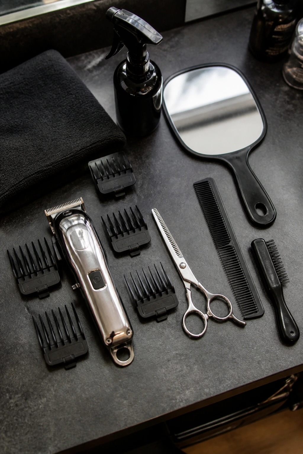 Unlabeled barber tools arranged on a clean surface.