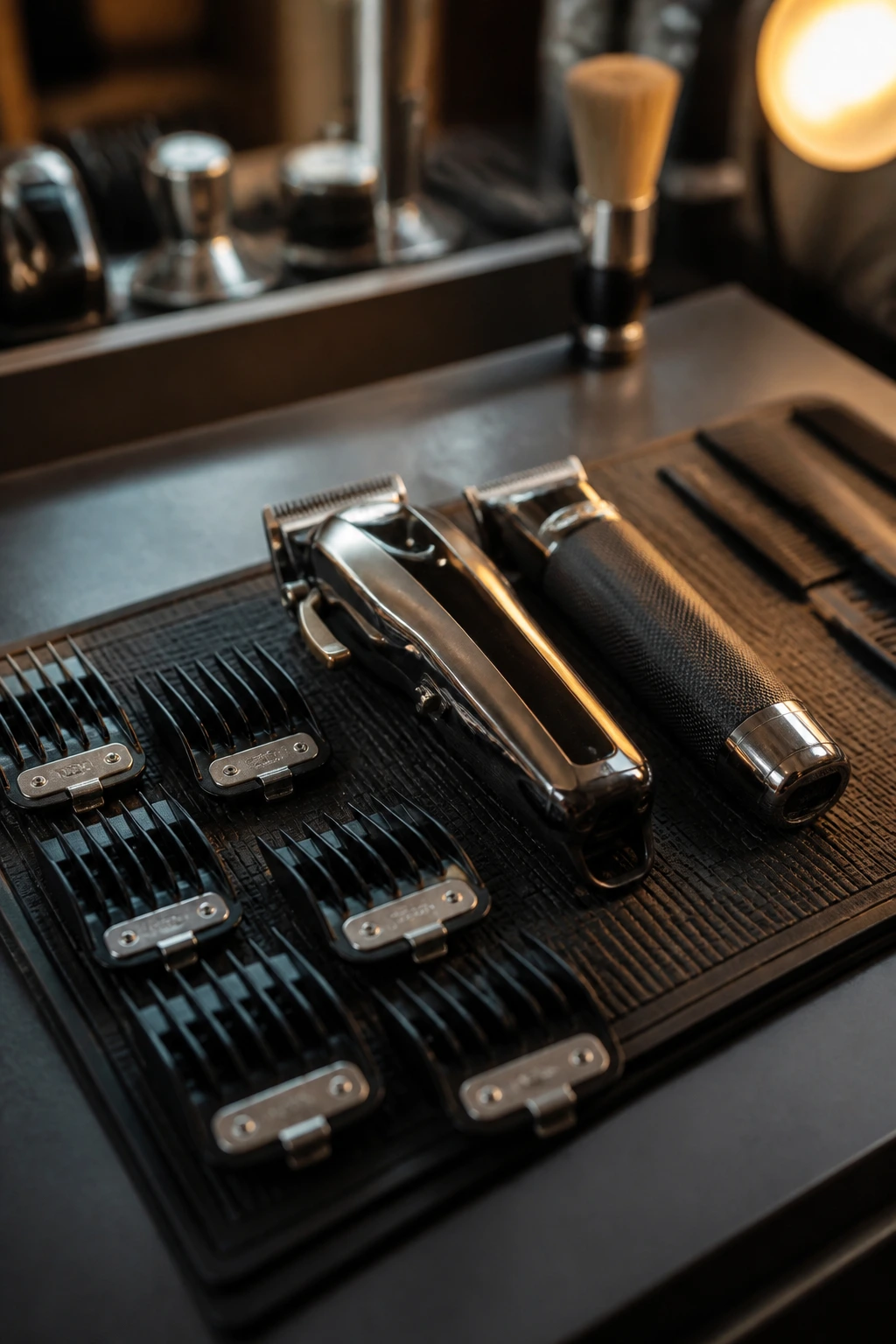Close-up of barber clippers and guards on a counter