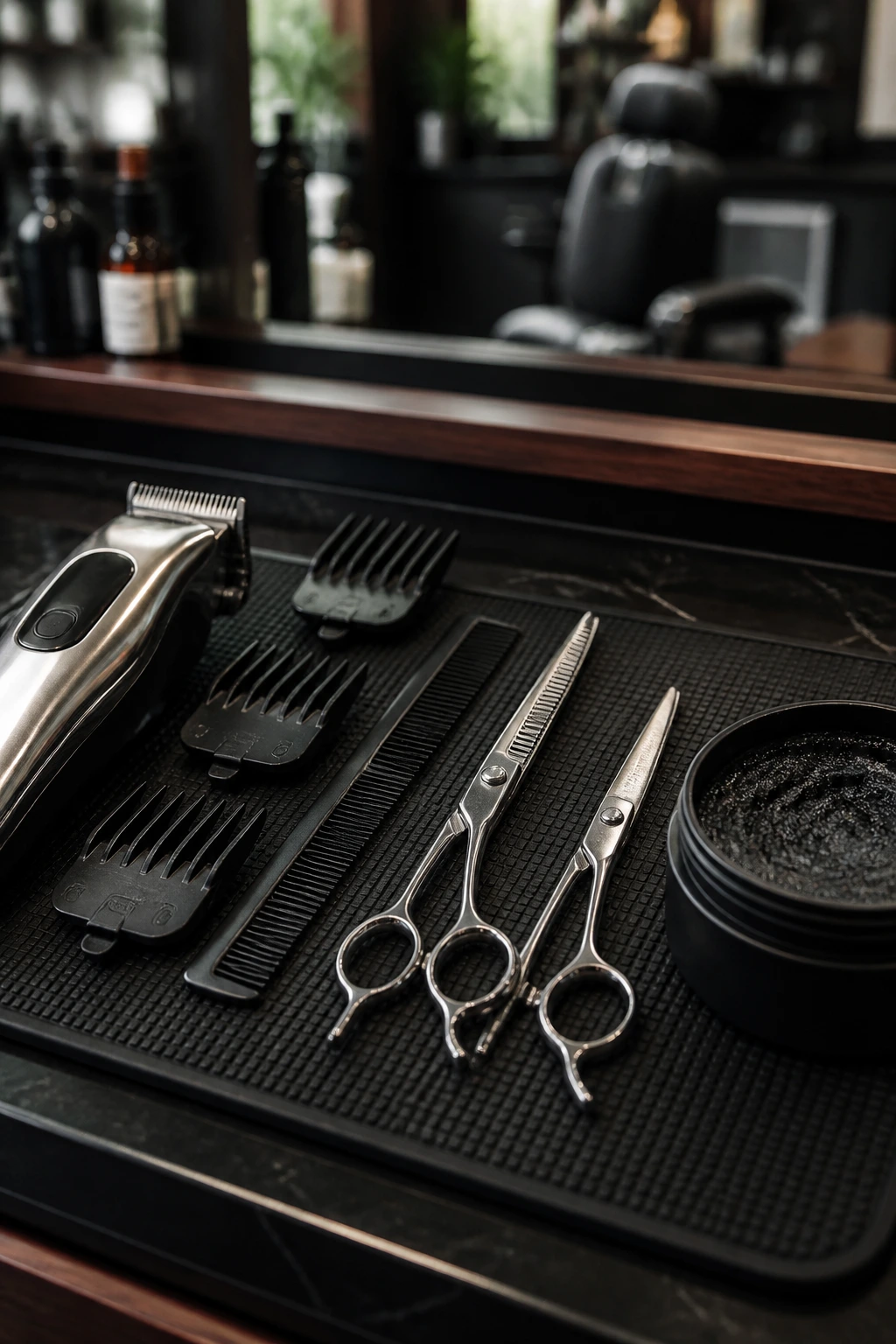Close-up of barber tools arranged on a workstation showing clippers, thinning shears, and comb