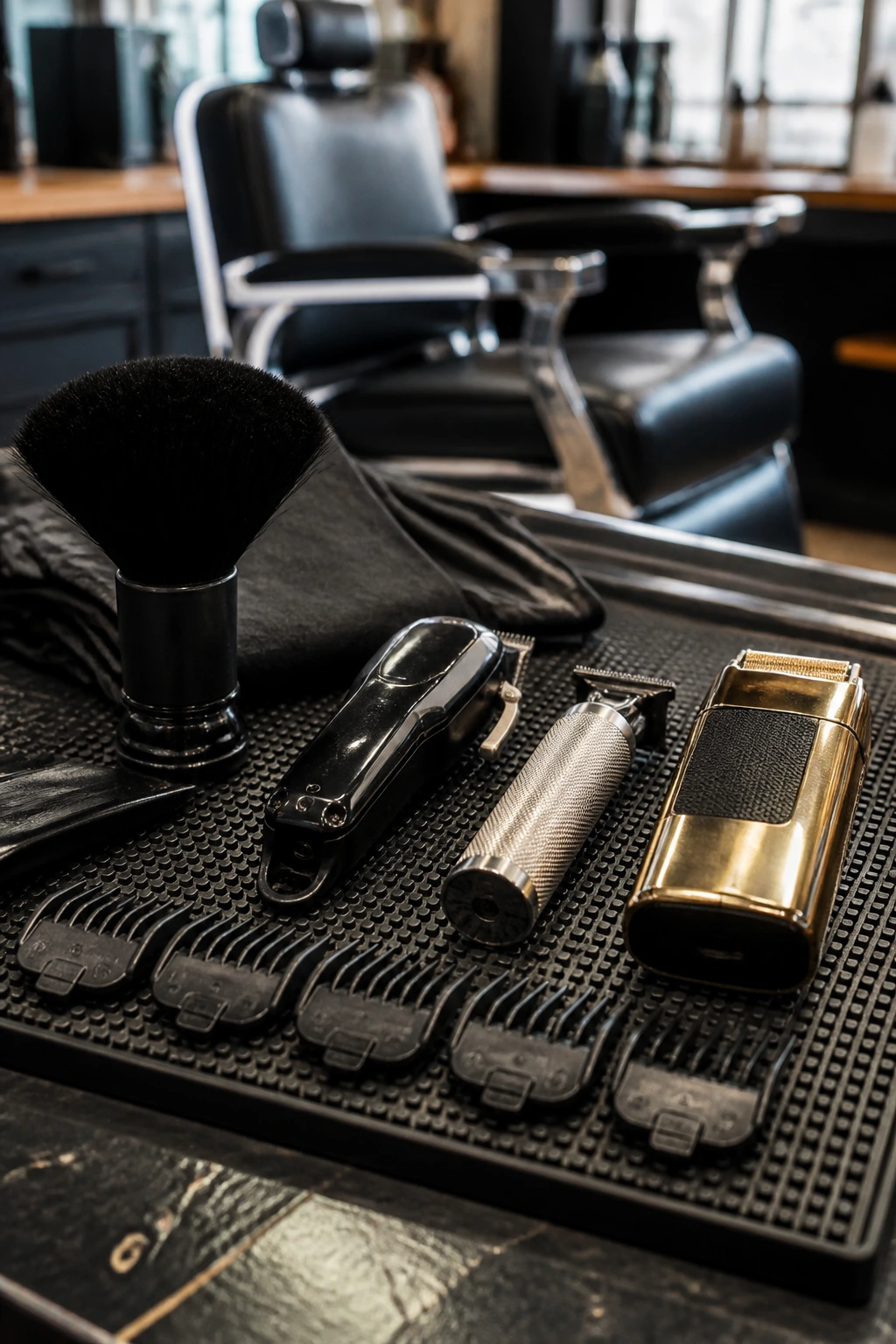 Tools for buzz cuts and taper fades arranged on barber station