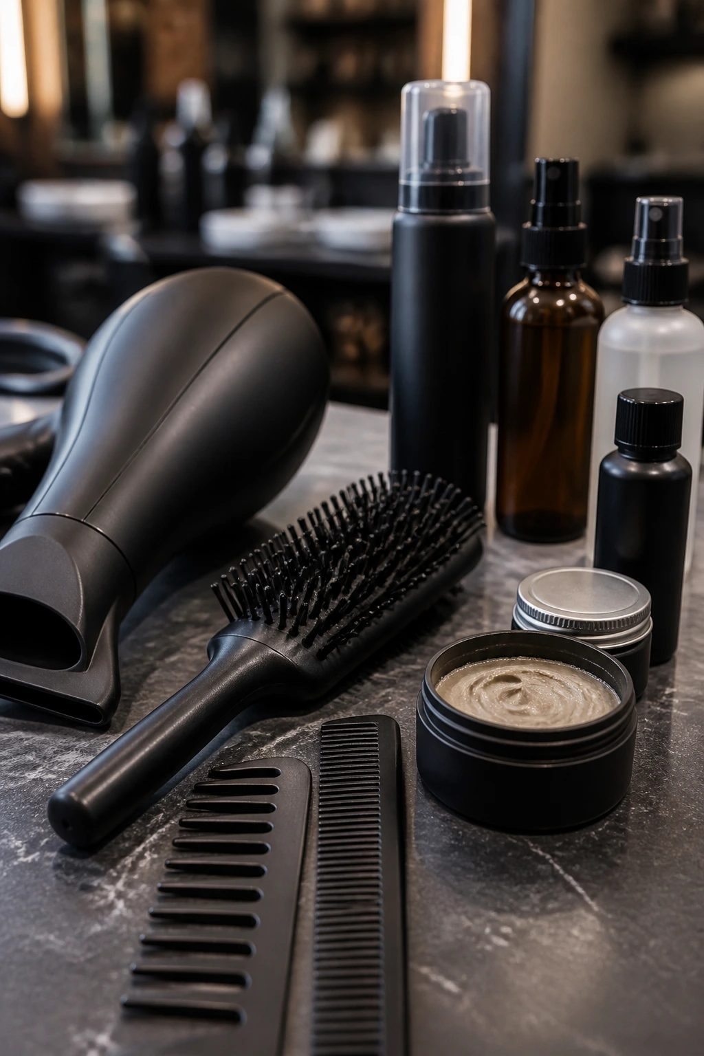 Close-up of essential barber tools for fine hair styling
