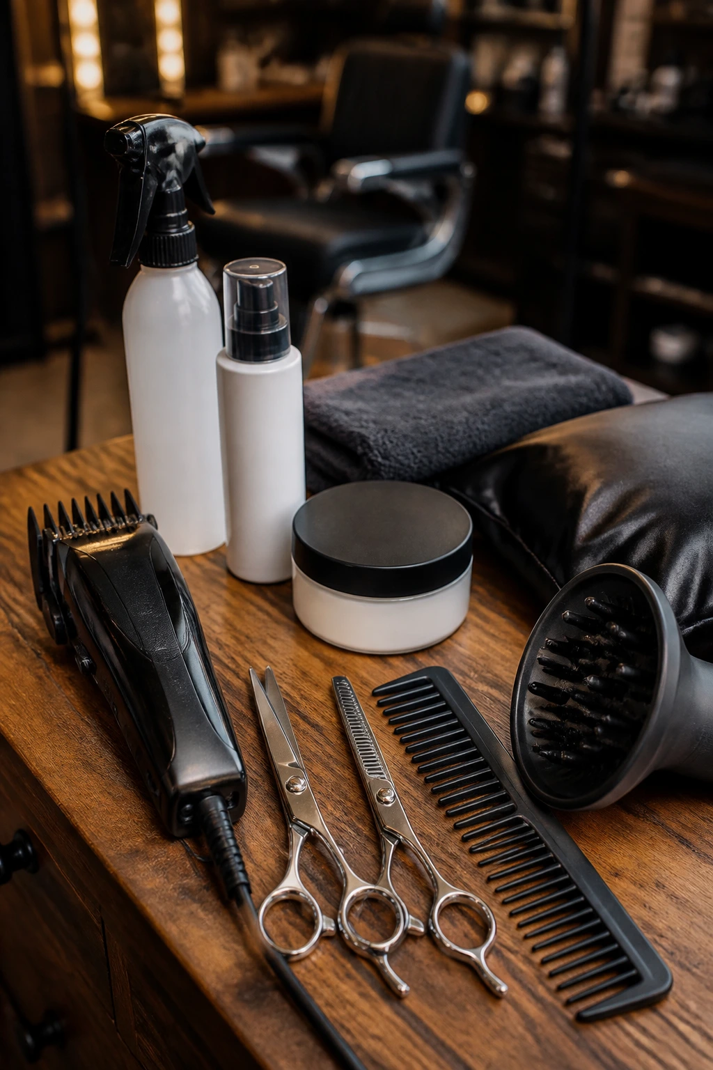 Close-up of essential barber tools arranged on a wood counter for curly haircuts