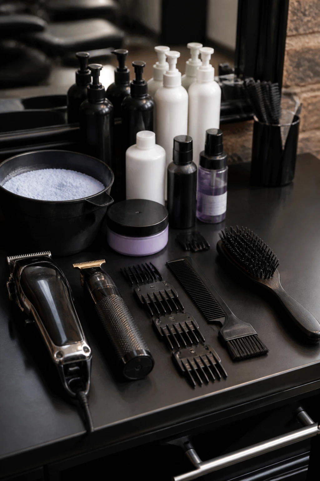 Close-up barber tools and hair color products arranged on a counter