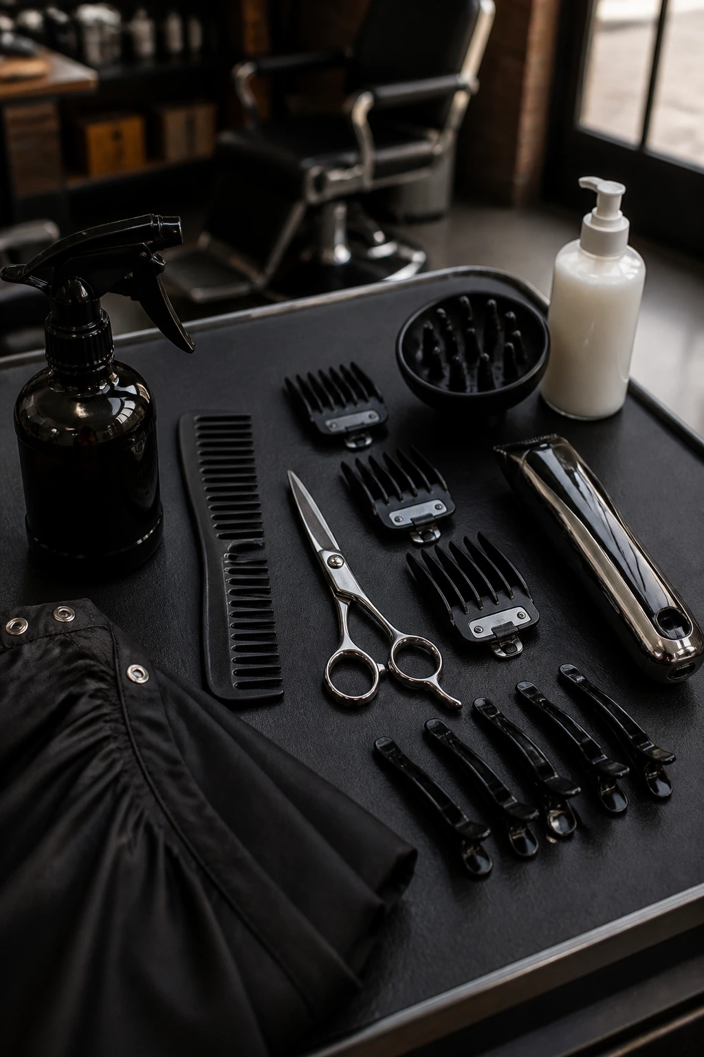Top-down view of barber tools arranged on a counter in barbershop