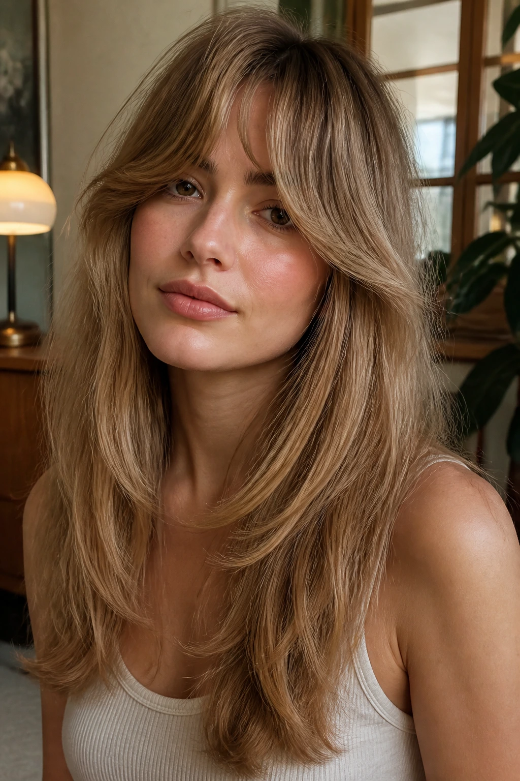 Close-up of a woman with Bardot bangs and a loose blowout bend