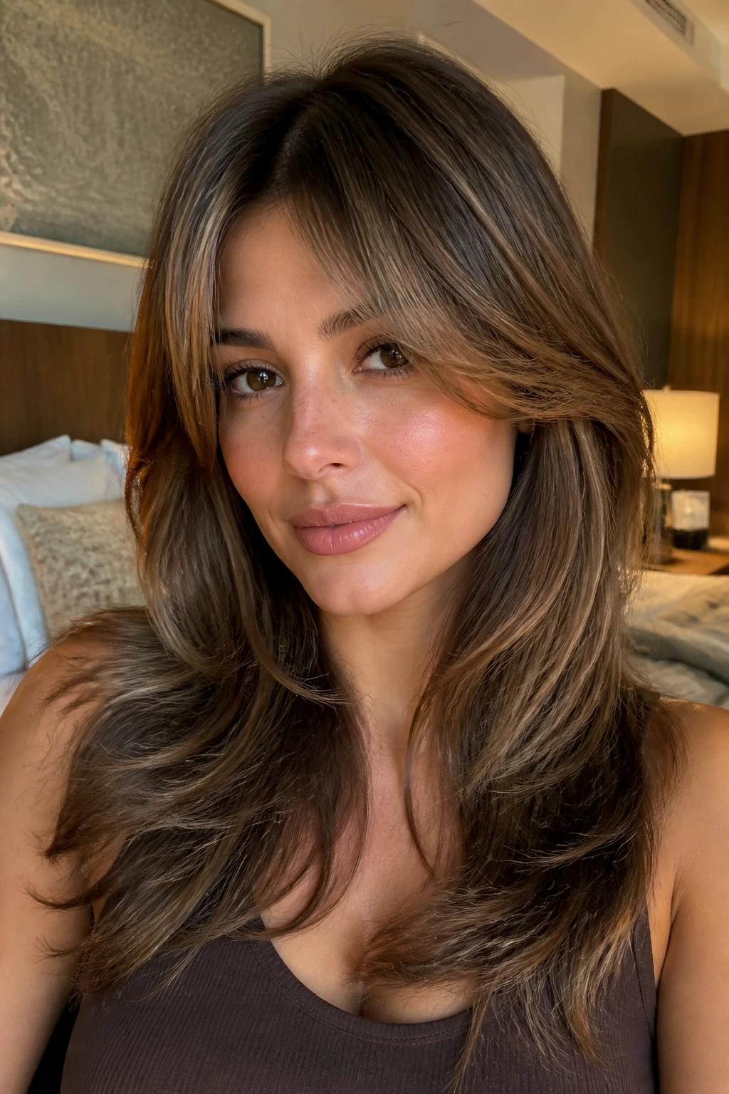 Close-up portrait of a real woman with Bardot bangs and blowout layers in glamorous setting