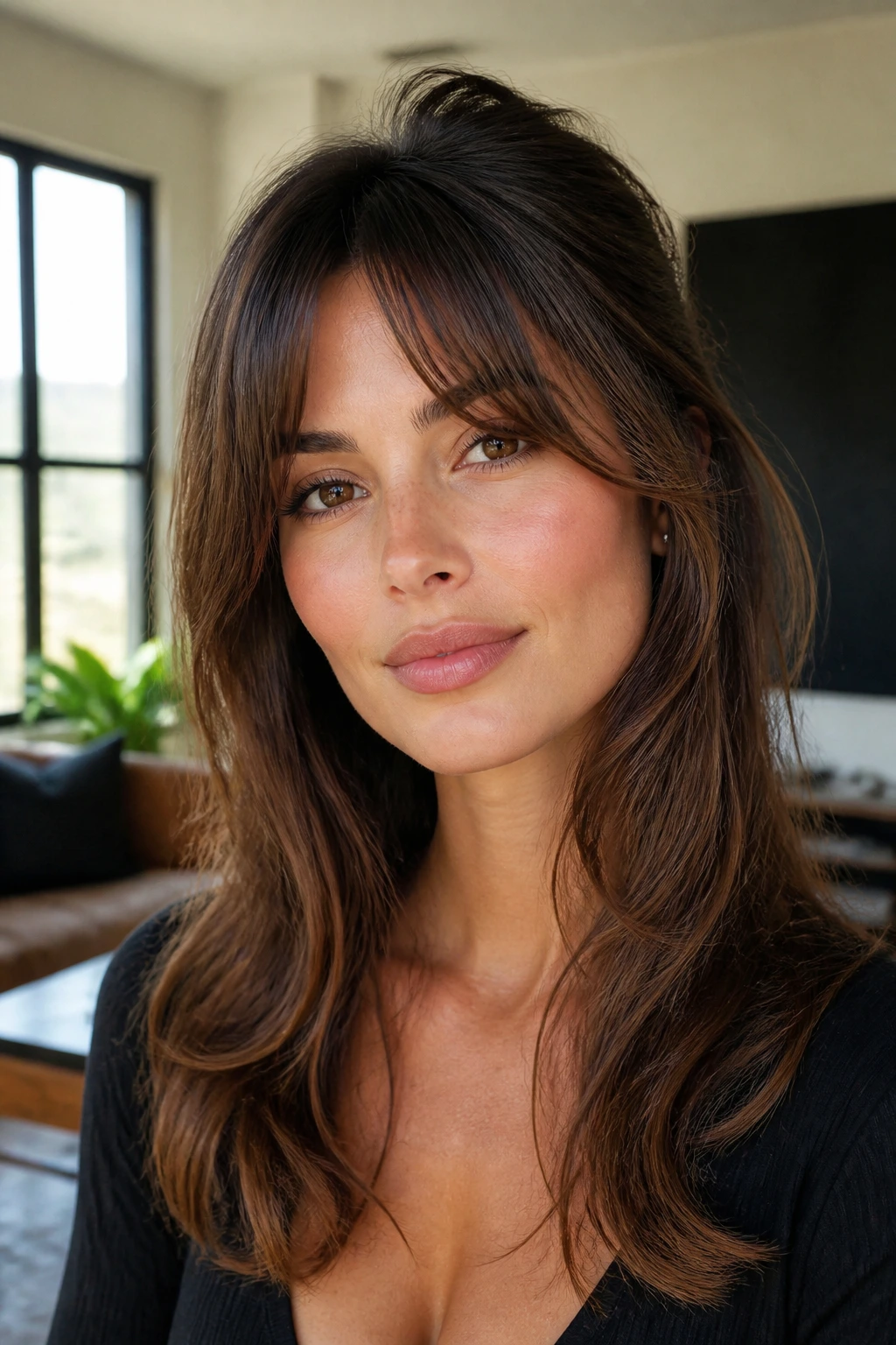 Real woman with Bardot bangs and crown lift in soft daylight