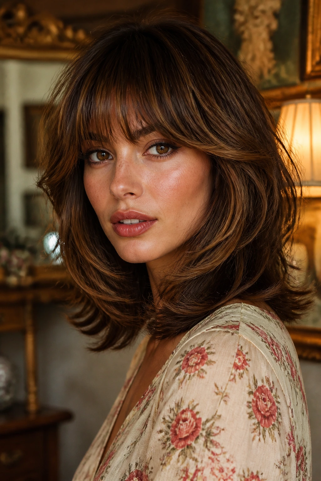 Close-up of a real person with Bardot bangs and retro-flip layers